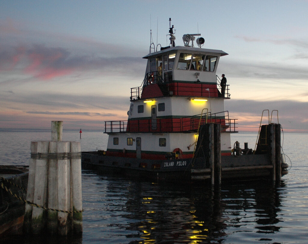 tugboat at sunset